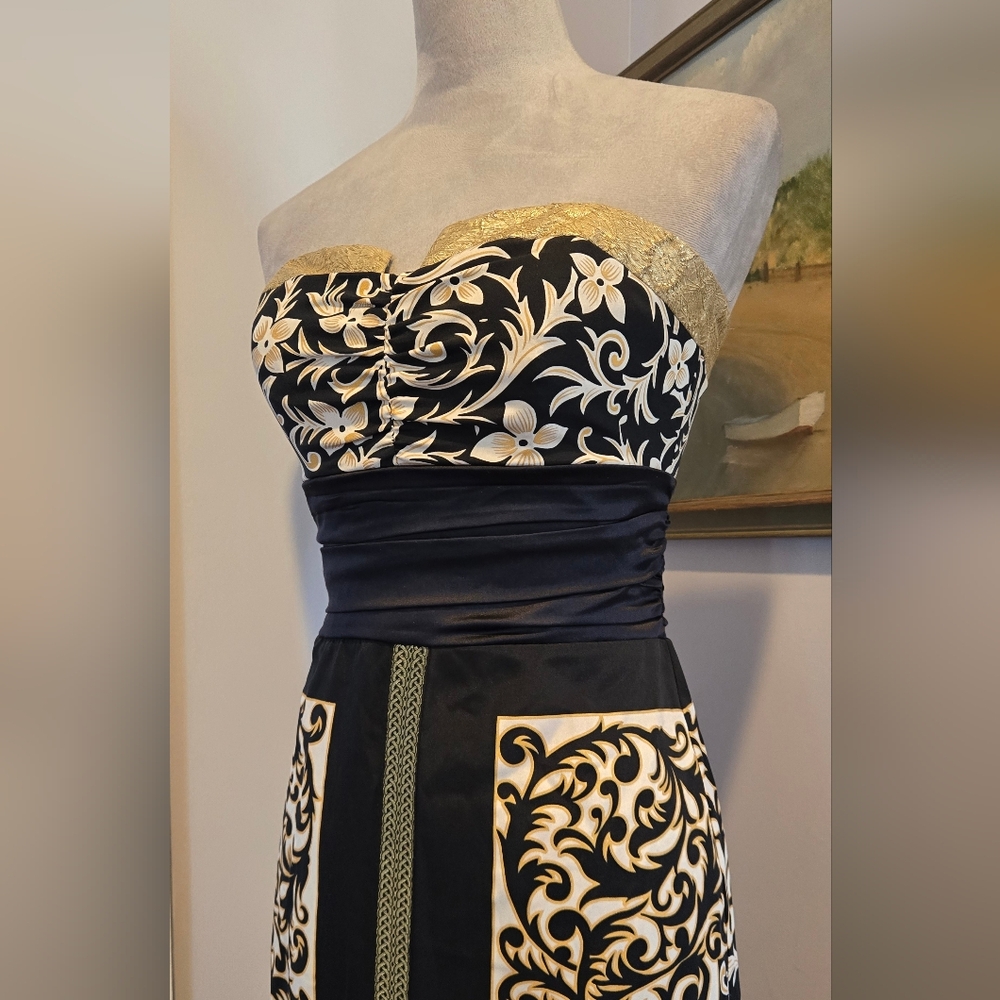 Nicole Miller Collection strapless long gown black gold silk fits XS